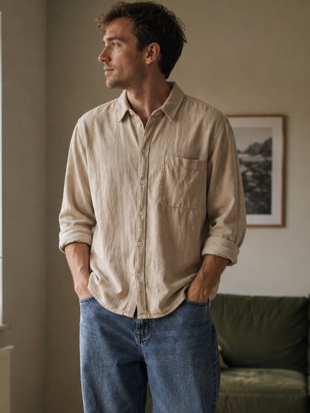 Beige Corduroy Long-Sleeve Button-Down Shirt from Abercrombie & Fitch, Size S